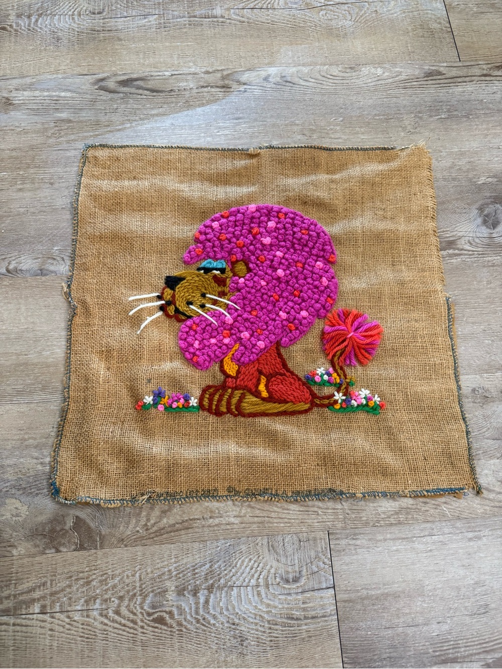 Vintage Zoo Animal Crewel 60s 70s Cross Stitch Framed Art Lion Paragon Burlap